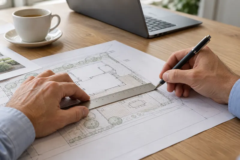 Site plan being worked on with ruler and pencil