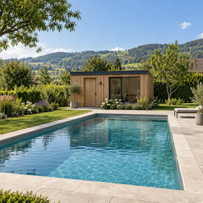 Pool and garden shed in a garden